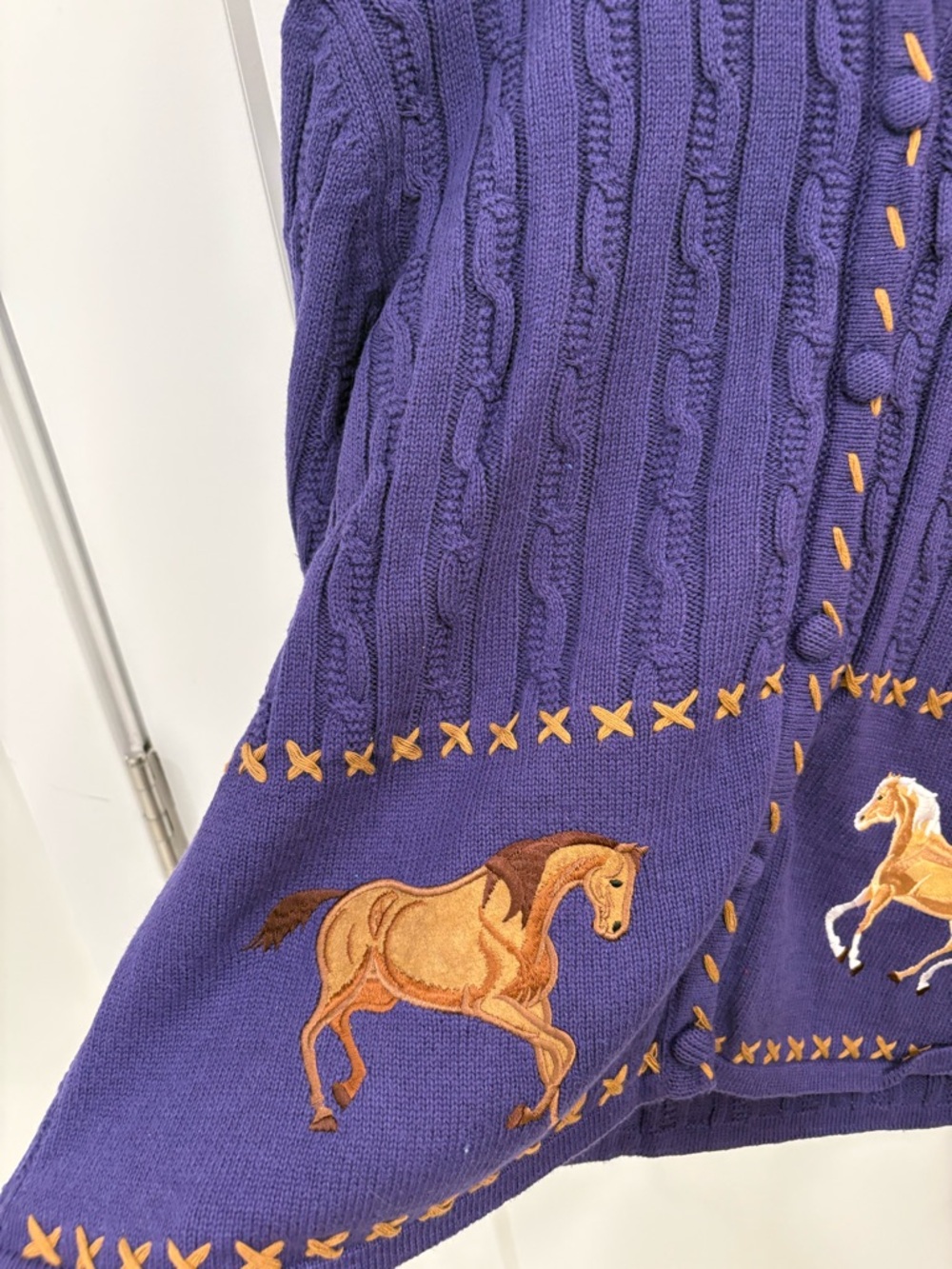 Vintage 90s Rod's Western Purple Cotton Cable Knit Equestrian Cardigan Sz Medium - Picture 2 of 13